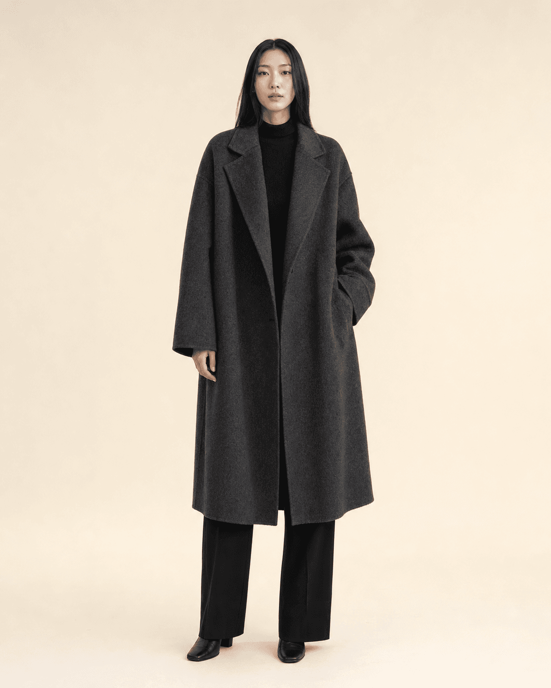 AI-generated fashion preview of a charcoal coat