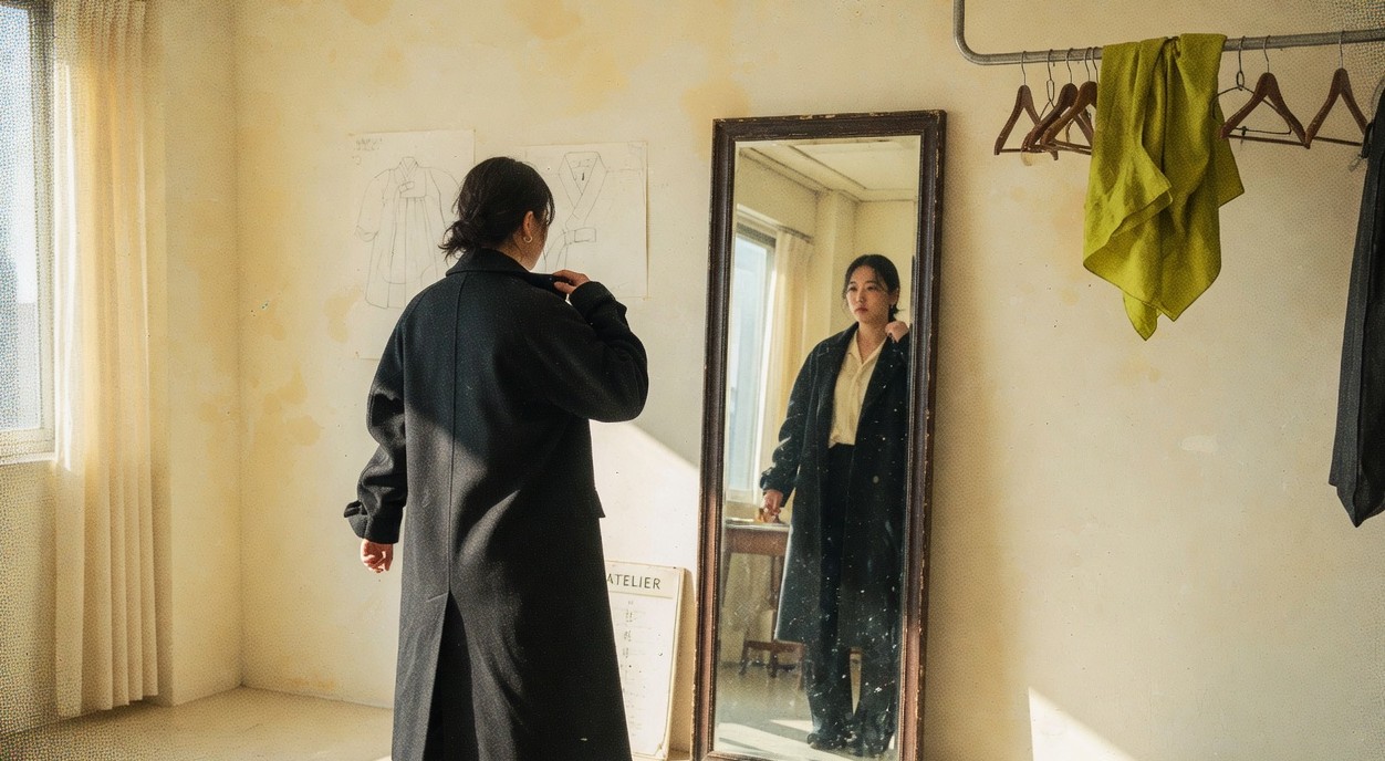A fashion studio image with a model and mirror